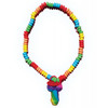 The Rainbow Pecker Candy Necklace removed from packaging, showing multicolored hard candy beads on a stretchy string with a rainbow-striped penis-shaped candy pendant hanging from a red loop.