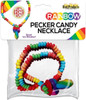 Retail packaging for the Rainbow Pecker Candy Necklace showing a clear plastic bag containing a rainbow-colored candy bead necklace with a rainbow penis-shaped candy pendant. The header card displays "RAINBOW PECKER CANDY NECKLACE" text, rainbow corner graphics, the Hott Products logo
