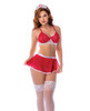 Front view of the Night Shift 4-Piece Nurse Set featuring a red mesh bralette with white lace trim and small bow accents, matching flared mini skirt with white trim, white thigh-high stockings, and a nurse headpiece. The model is standing while holding the sides of the skirt outward.