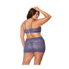 Queen Twilight Fever Lace Bra & Skirt shown from the back featuring a navy lace bra with adjustable straps and hook closure, paired with a matching semi-sheer lace mini skirt.