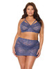Queen Twilight Fever Lace Bra & Skirt shown from the front featuring a muted navy lace bra with underwire cups, decorative strap details across the neckline, adjustable shoulder straps, and a matching lace mini skirt.