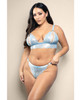Opulence Light Blue Pearl & Lace 2-In-1 Set shown from the front without the mesh skirt, featuring a metallic lace bralette with pearl strand cup details and a matching pearl G-string.