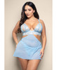 Opulence Light Blue Pearl & Lace 2-In-1 Set shown from the front featuring metallic light blue lace, a sheer mesh overlay skirt, split pearl-detail cups, and matching pearl-accent lingerie underneath.