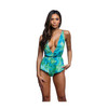 Tropical Dream Jungle Print Romper shown from the front featuring a blue and green tropical leaf print, deep plunge neckline, sleeveless design, and relaxed flutter-style shorts.