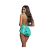 Tropical Dream Jungle Print Romper shown from the back featuring a low open-back design with thin crisscross straps and a blue and green tropical leaf print.