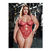 Queen Mariah Embroidered Mesh Underwire Teddy shown from the front featuring sheer burgundy mesh, embroidered bow details, underwire cups, a front tie accent, and a high-cut teddy silhouette.