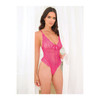 Valentine Lace & Bow Teddy shown from the front featuring sheer floral lace, a deep plunge neckline, decorative bow accents, soft cups, and a fitted teddy silhouette.