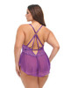 Queen Harmony Purple Lace & Mesh Babydoll shown from the back with multiple adjustable purple strap details, lace waistband paneling, and a layered sheer mesh skirt with a high-low cut.