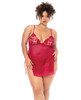 Scarlet Luxe Babydoll & G-String - Queen shown in deep red with embroidered soft cups, adjustable shoulder straps, sheer mesh skirt, side slits, and small bow details at the hips.