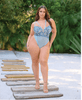 Emilia Aqua Floral Embroidered Teddy - Queen shown from the front with sheer aqua mesh, floral embroidery, a deep plunge neckline, strappy bodice details, adjustable shoulder straps, and high-cut sides.