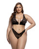 Black Chantilly Lace Bralette Set - Queen shown from the front with black Chantilly eyelash lace plunge cups, satin underband, front hardware detail, adjustable shoulder straps, and matching thong.