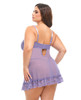 Curvy Valentine Purple Lace Babydoll shown from the back with sheer mesh body, adjustable shoulder straps, hook-and-eye closure, and ruffled lace trim along the hemline.