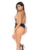 Blue Floral Velvet Halter Teddy shown from the back featuring an open-back design, halter neck closure, decorative side ties, and high-cut rear coverage.