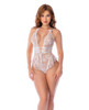 White Boudoir Belle Teddy shown from the front featuring a deep plunge neckline, sheer floral lace body, wrap-around ribbon waist tie, peplum ruffle hip detail, and high-cut legs.