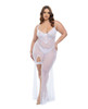 Front view of the Suite Dreams Gown - Queen showing a white sheer dotted mesh gown with underwire lace cups, adjustable shoulder straps, high side slit, and matching lace garter.