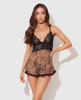 Front view of the Feline Fine Babydoll showing black lace cups, leopard mesh skirt, thin shoulder straps, and matching black G-string.