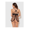 Rear view of the Feline Fine Babydoll featuring a flyaway open-back skirt, crisscross straps, leopard mesh, and matching black G-string.