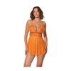 Front view of the Tangerine Dream Babydoll showing orange lace cups, sheer mesh skirt, adjustable straps, and matching orange G-string.