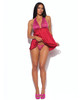 Full view of model wearing the Raspberry Kiss Babydoll, highlighting the fuchsia lace bodice, deep plunge halter neckline, and flyaway red satin skirt. ?❤️?✨