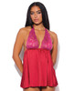 Front view of the Raspberry Kiss Babydoll showing a fuchsia lace halter bodice, deep plunge neckline, red satin flyaway skirt, and matching G-string.