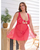 Queen Tiana Red Lace Babydoll— Front-facing lifestyle image showing the model wearing a plus-size red babydoll with sheer mesh skirt, lace underwire cups featuring cutout details, adjustable shoulder straps, and a matching red G-string.