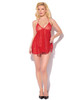 Kiki Red Lace Open Back Babydoll & Thong full product view showing the red sheer lace babydoll, relaxed flowing shape, tie details, and matching thong.