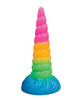 Vac-U-Lock Fantasy Fuckers Unicorn Horn dildo in rainbow-colored silicone with a tapered spiral unicorn horn shape and wide suction cup base.