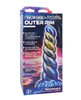 Vac-U-Lock Fantasy Fuckers Outer Rim displayed in retail packaging with cosmic-themed artwork, Fantasy Fuckers branding, and visible blue-and-gold marbled silicone dildo with spiral texture.