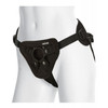 Vac-U-Lock Platinum Edition strap-on harness in black neoprene featuring adjustable straps, front attachment panel, open-crotch design, and supportive harness construction.