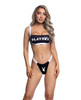 Front view of black and white Roma x Playboy bandeau thong bikini set with bold Playboy bunny logo graphics