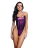Front view of Playboy Purple Shimmer Thong Swimsuit featuring metallic purple fabric, scoop halter neckline, high-cut sides, and Playboy logo graphic.