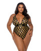 Front view of 1X/2X Playboy Bunny Gold Print Halter Teddy featuring a plunging neckline, sheer mesh paneling, gold foil bunny print, and Playboy logo waistband.