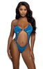 Front view of Blue Crush Velvet Bodysuit featuring swirl-pattern blue velvet fabric, open-front design, high-cut sides, and halter tie neckline.