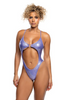Front view of Lavender Shimmer Cutout Bodysuit featuring an iridescent lavender finish, heart-shaped ring detail, dramatic front cutout, and high-cut silhouette.