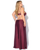 Rear view of the House of Desire Brigeta Satin Mono Wire Long Gown showcasing the striking low-back design, adjustable straps, smooth satin fabric, and graceful floor-length drape in a deep merlot color.