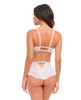 Rear view of the Oh La La Cherie Elena Embroidered Bra & Skirted Panty Set showcasing adjustable straps, hook-and-eye bra closure, sheer mesh skirt, and an open-back skirted G-string design.