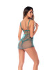 Back view of the Aurora Green Floral Sheer Babydoll & Thong, showing the sheer floaty mesh body, slim adjustable straps and matching thong.