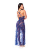 Back view of cobalt blue sheer lace maxi dress featuring an open back, delicate crisscross straps, flowing sheer lace skirt and high side slit.