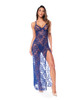 Model wearing a cobalt blue sheer floral lace maxi dress with a plunging V-neckline, fitted bust, flowing floor-length silhouette and dramatic high side slit.