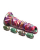 side view of the Multicolor textured silicone ovipositor dildo with suction cup and four eggs
