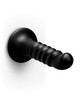 b-Vibe Krush 9.5 Inch Curved & Ribbed XXL Dildo in black with pronounced curved shaft, raised ribs, and suction cup base shown mounted on a wall