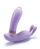 Royal Touch Glass & Silicone Vibrator in lavender glass with a soft purple silicone clitoral stimulator, shown upright to highlight the curved glass shaft and external arm.