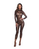 Front view of Wild Cheetah sheer leopard print catsuit with foil shimmer, mock turtleneck, and long sleeves.
