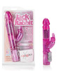 Transparent pink jelly jack rabbit vibrator with rotating bead shaft and dual motors, featuring a curved shaft and attached bunny stimulator