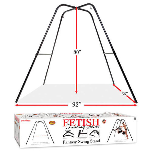 Freestanding sex swing stand with steel frame showing 80 inch height, 92 inch width, and 66 inch depth dimensions