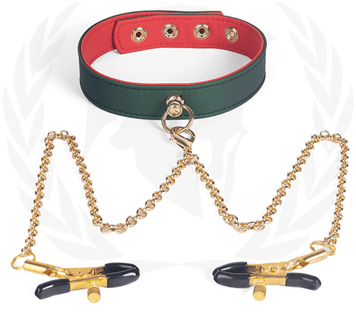 Spartacus Vegan Leather Collar with Nipple Clamps -  Green