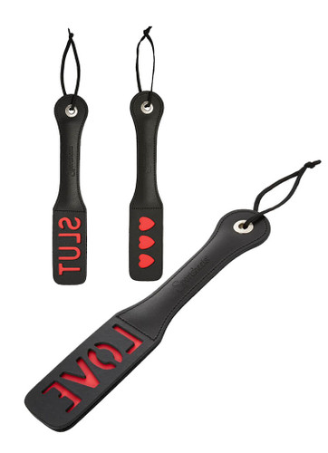 Sportsheets Leather Impression Paddle - Heart Prints, Love or Slut Imprints