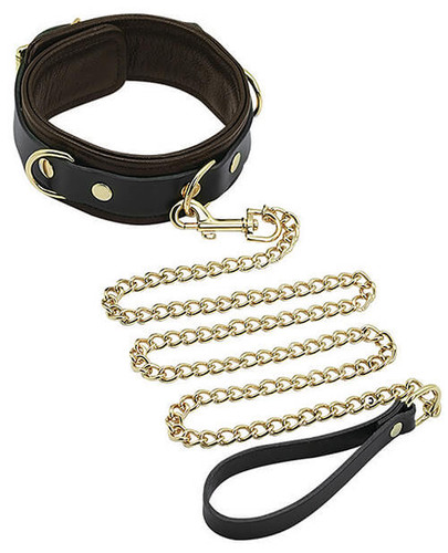 Spartacus Brown Leather Collar & Leash with Gold Chain