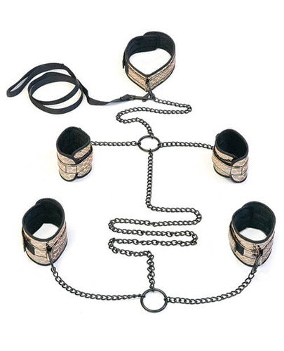 Spartacus Gold Faux Leather Collar to Wrist & Ankle Restraints Bondage Kit