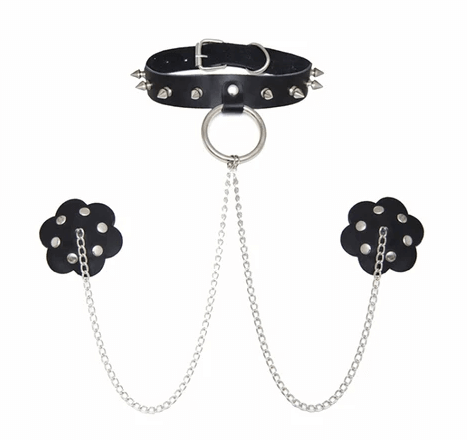 Burlesque Slave 4 U Chain Neck Choker Leather Reusable Silicone Nipztix - Black